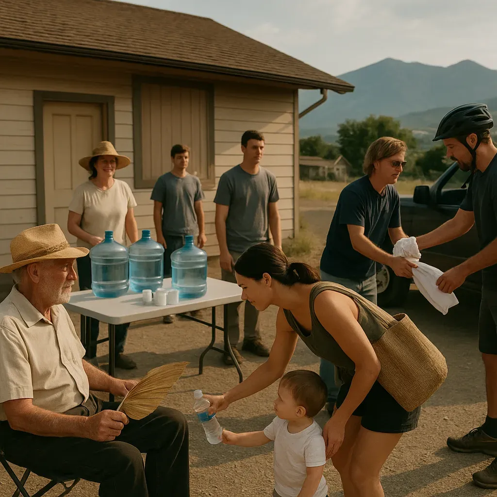 Person drinking water outdoors during hot weather, neutral earth tones, natural lighting, documentary style